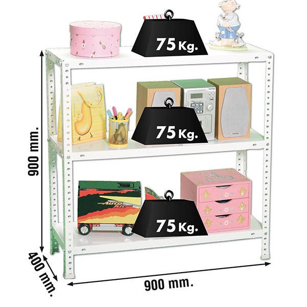 Metallregal in Weiß mit 3 Fachböden, Abmessungen 900 mal 900 mal 400 Millimeter, Traglast 75 Kilogramm pro Boden.