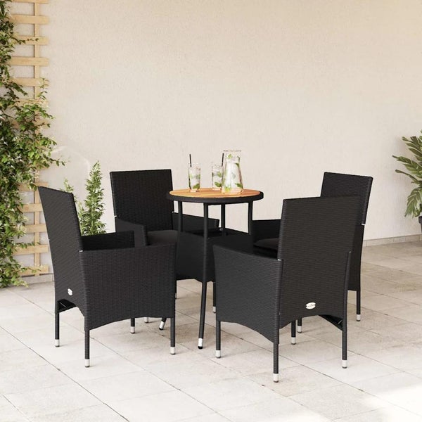 5-tlg. Garten-Essgruppe mit Kissen Schwarz Poly Rattan Akazie