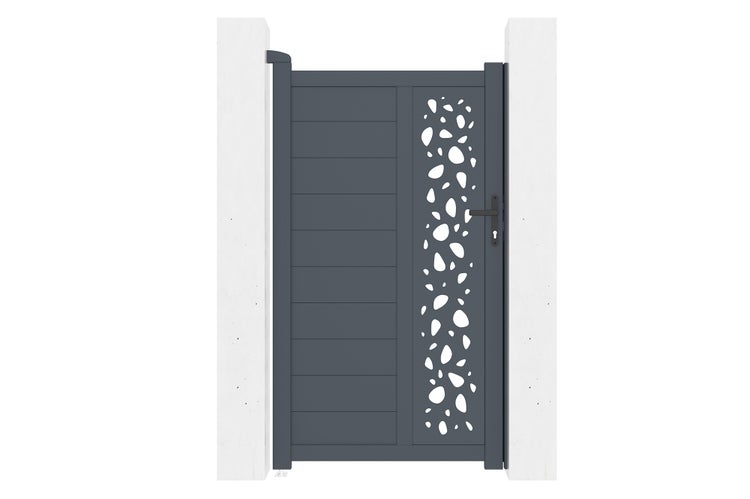 Gartentor aus Aluminium in Anthrazit mit dekorativem Kiesel-Muster und horizontalen Lamellen.