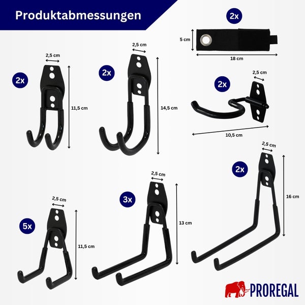 Übersicht der Abmessungen von verschiedenen Wandhaken und einem Klettband von Proregal inklusive Mengenangaben für das Set.