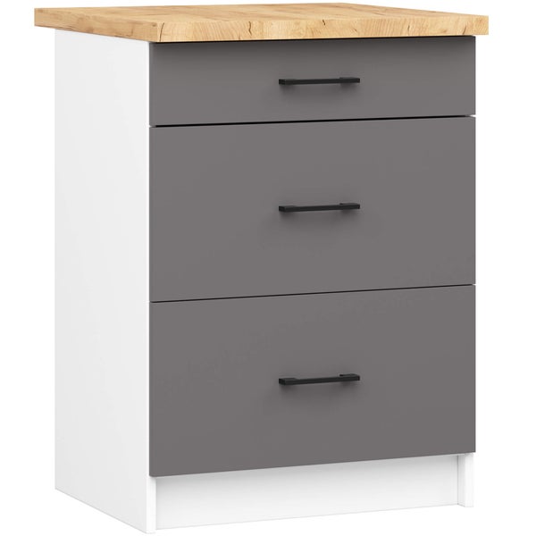 Nachtschrank mit drei grauen Schubladen und Holzplatte
