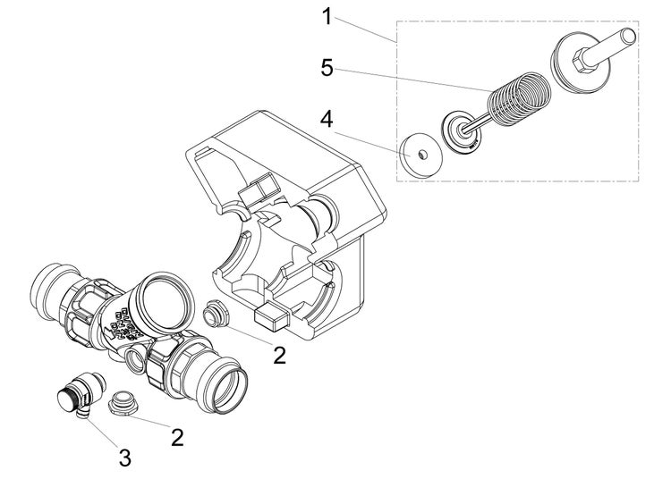 Technische Explosionszeichnung einer Armatur mit nummerierten Ersatzteilen wie Feder und Dichtungen für die Wasserinstallation.