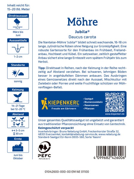 Saatgut Möhre Jubila für den Gartenanbau inklusive Pflanzanleitung und Pflegehinweisen auf der Packungsrückseite.