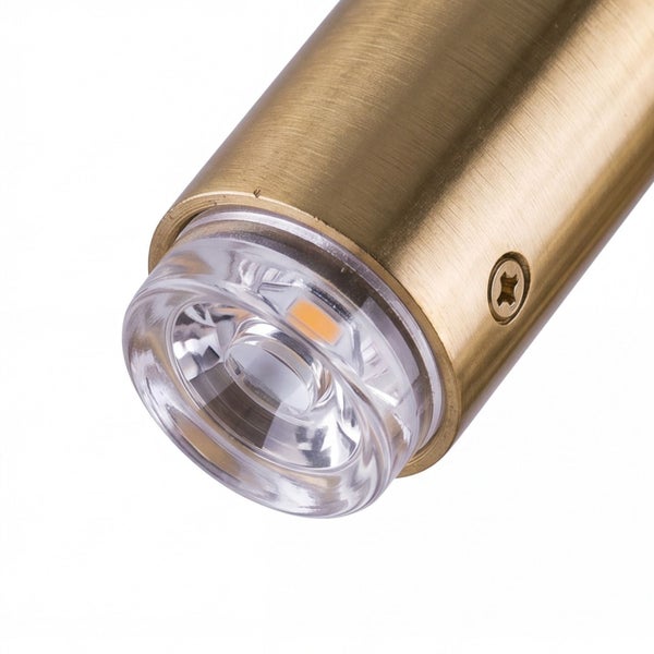 Zylindrische LED-Leuchte aus Metall mit messingfarbener Oberfläche und einer klaren Linse.