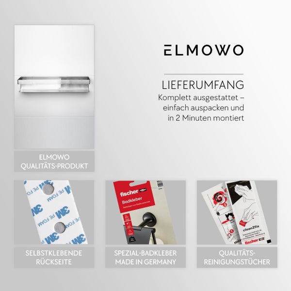 ELMOWO Badablage mit Montagezubehör bestehend aus 3M Klebestreifen, Fischer Badkleber und Reinigungstüchern für eine einfache Badmontage.