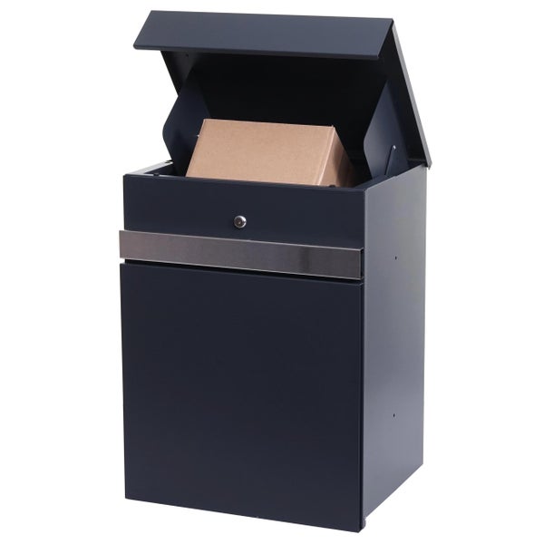 Paketbriefkasten mit geöffnetem Deckel und Paket im Inneren