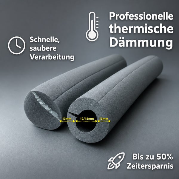 Rohrisolierung aus Schaumstoff mit 13 Millimeter Dämmstärke und 12 beziehungsweise 15 Millimeter Innendurchmesser zur professionellen Dämmung.