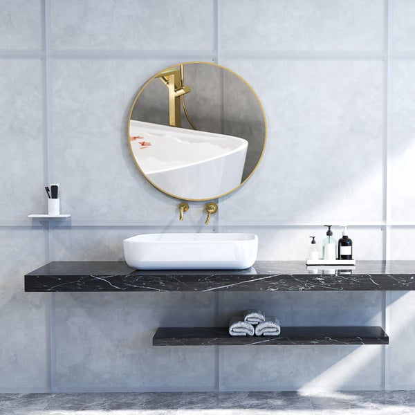 HOMCOM Badspiegel 70x70 cm Rund Spiegel mit Rahmen, Splitterschutzfolie, Wandspiegel für Schlafzimmer Badzimmer, Gold