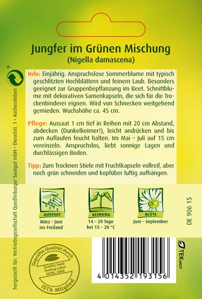 Rückseite der Samentüte Jungfer im Grünen Mischung mit Infos zu Aussaat, Pflege, Blütezeit Juni bis September und Quedlinburger Saatgut Logo.