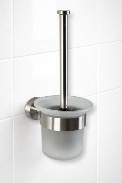 Wandmontierte WC-Bürstengarnitur aus satiniertem Edelstahl mit Behälter aus mattiertem Glas.