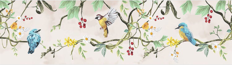 Tapetenbordüre mit Vögeln, Zweigen, Beeren und Blumen im illustrierten Naturstil.