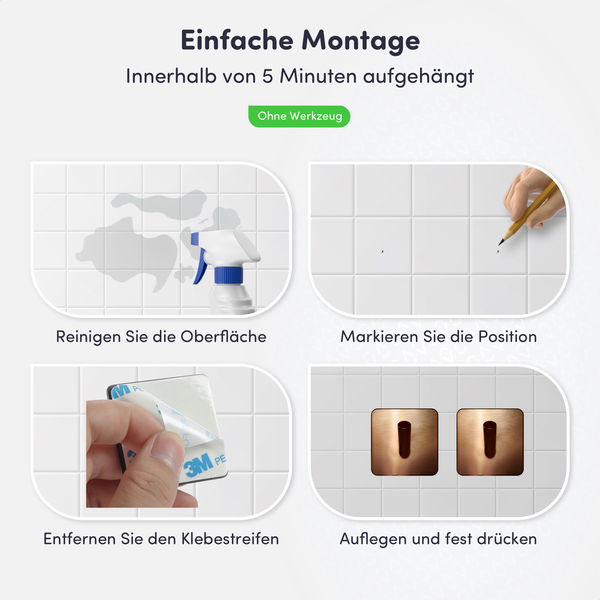 Montageanleitung für Klebehaken ohne Werkzeug: Oberfläche reinigen, Position markieren, 3M Logo Klebestreifen abziehen und Haken festdrücken.