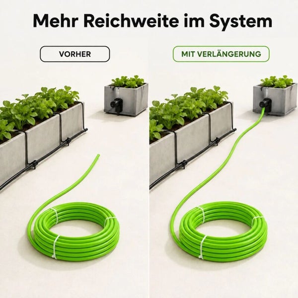 Vergleichsbild zeigt die Installation einer Verlängerung für ein Bewässerungssystem an Pflanzgefäßen mit einem Schlauch.