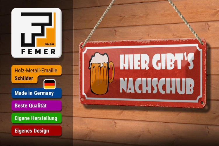 Blechschild Spruch 27x10cm Bier hier gibt`s Nachschub Bierkrug