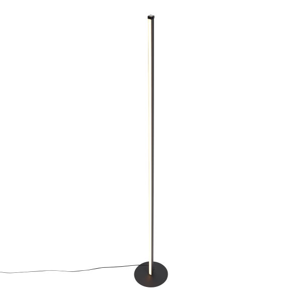 Minimalistische LED-Stehleuchte in Schwarz mit schmaler, vertikaler Lichtsäule und rundem Standfuß.