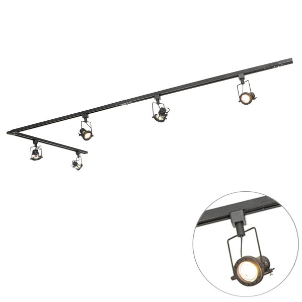 Schwarzes Schienensystem mit fünf verstellbaren Spots im industriellen Design.