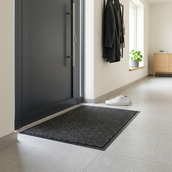 Schmutzfangmatte grau, 60 mal 90 Zentimeter, vor einer weißen Tür auf hellem Holzboden im Eingangsbereich.