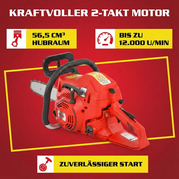 Motorsäge mit einem 56,5 cm³ Hubraum und bis zu 12.000 Umdrehungen pro Minute