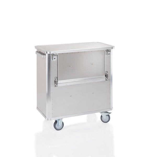 Aluminium-Transportwagen mit Rollen und Klappverschlüssen.