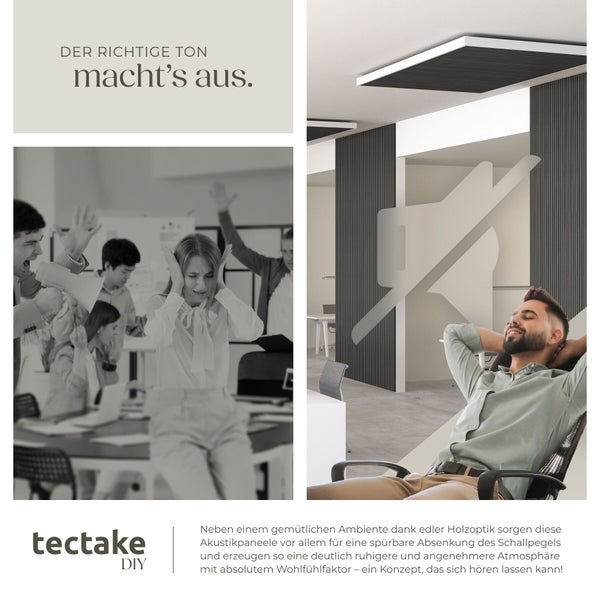 Kontrast zwischen einem lauten Büro und einer ruhigen Arbeitsumgebung mit Tectake DIY Akustikpaneelen an Wand und Decke, Tectake DIY Logo.