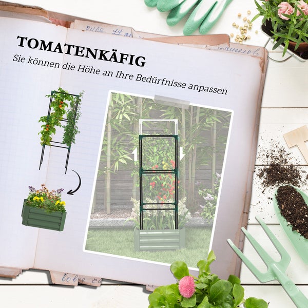 Outsunny Hochbeet mit Rankhilfe, Blumenkasten mit Offenem Boden, Gemüsebeet, Pflanzkasten, Kräuterbeet für Garten, Balkon, Verzinkter Stahl, Grün, 61 x 61 x 140 cm