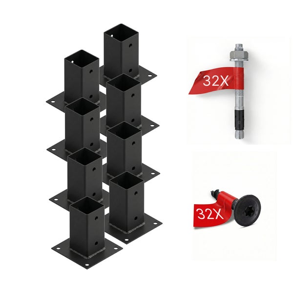 Set aus 8 quadratischen Pfostenträgern in Schwarz, inklusive 32 Bolzenankern und 32 Schrauben.