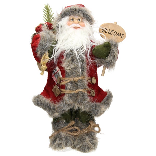 ECD Germany Weihnachtsmann Deko-Figur, 37 cm hoch, rot/grauer Mantel, grüner Hose, mit Geschenkesack, Santa-Claus Figur Winterdeko Weihnachten Stehende Figur Winter Dekoration Nikolaus Weihnachtsdeko