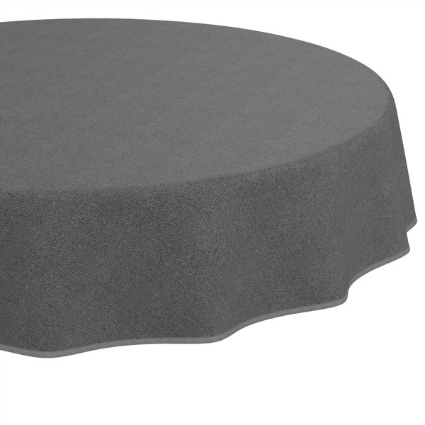 Rund gewebte Tischdecke in Grau aus Stoff mit eingefasstem Rand.