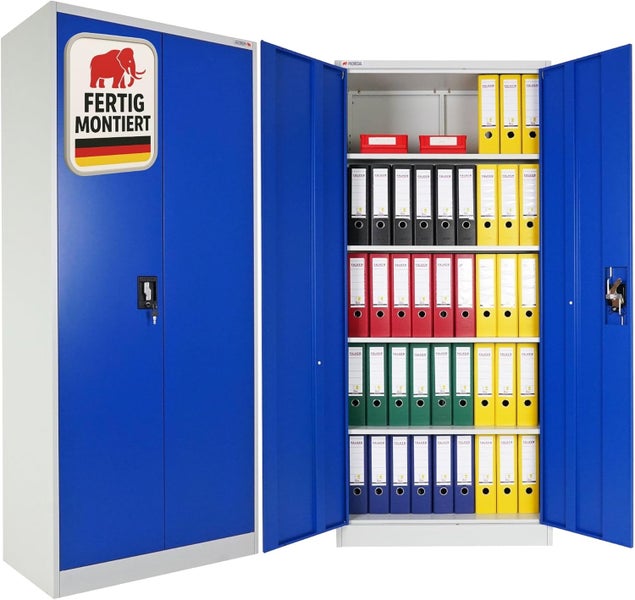 Metall-Aktenschrank in Blau fertig montiert mit Fachböden und bunten Aktenordnern.