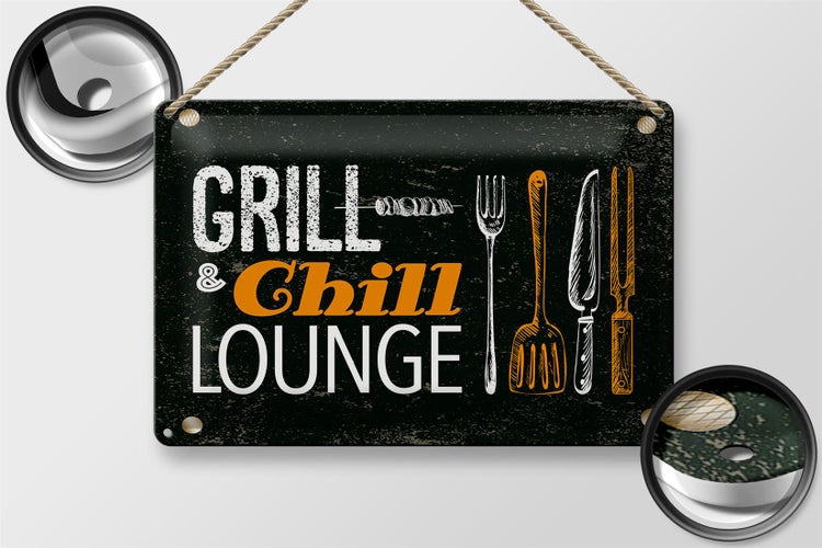 Blechschild Spruch Grill & Chill Lounge Grillen 30x20cm