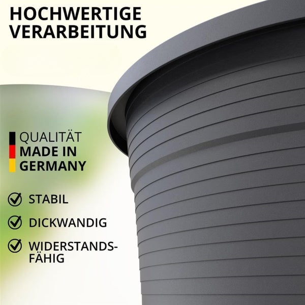 Detailansicht eines stabilen Pflanzkübels mit hochwertiger Verarbeitung, Made in Germany, dickwandig und widerstandsfähig.