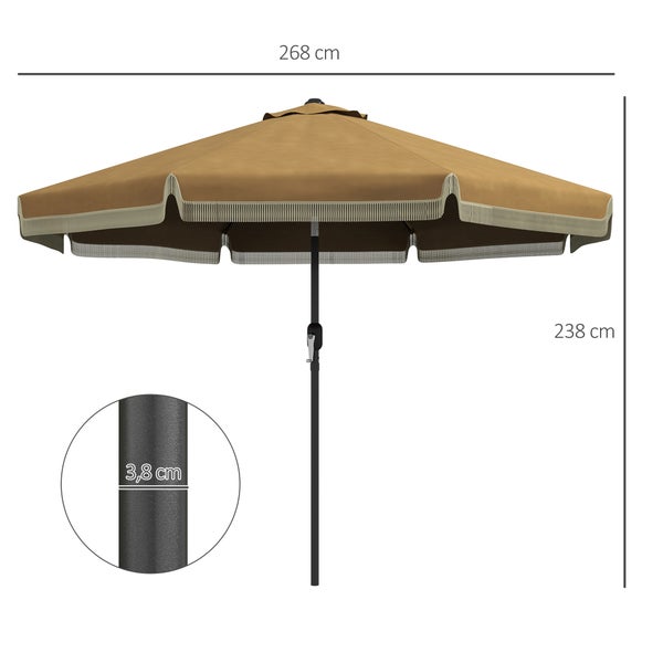 Outsunny Sonnenschirm, Terrassenschirm mit Fransen, neigbarer Strandschirm mit 8 Rippen, für Garten, Balkon, Ø265 cm, Polyester, Stahl, Khaki