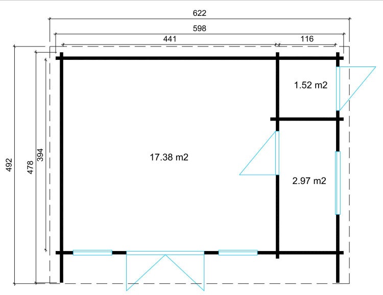 Grundriss eines Gartenhauses mit drei Räumen, Flächenangaben in Quadratmeter und detaillierten Außen- sowie Innenmaßen.