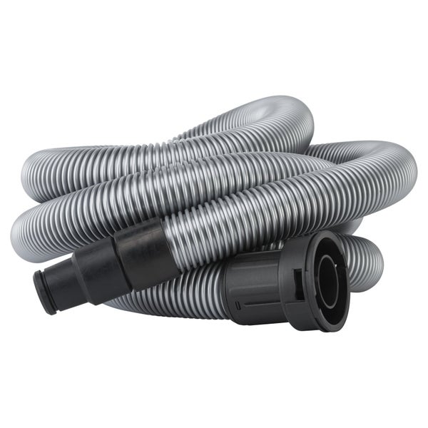 Silbergrauer, gerippter Staubsaugerschlauch mit schwarzen Anschlussstücken aus Kunststoff.
