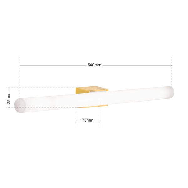 LED Spiegelleuchte mit Montageplatte, Breite 500 Millimeter, Höhe 38 Millimeter und Tiefe 70 Millimeter.