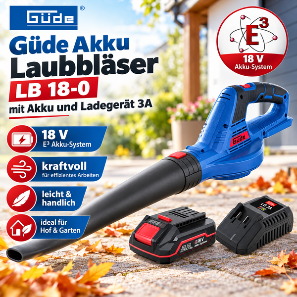 Guede Akku Laubblaeser LB 18-0 mit Akku und Ladegeraet fuer effiziente Gartenarbeit im 18 Volt E3 Akku System.
