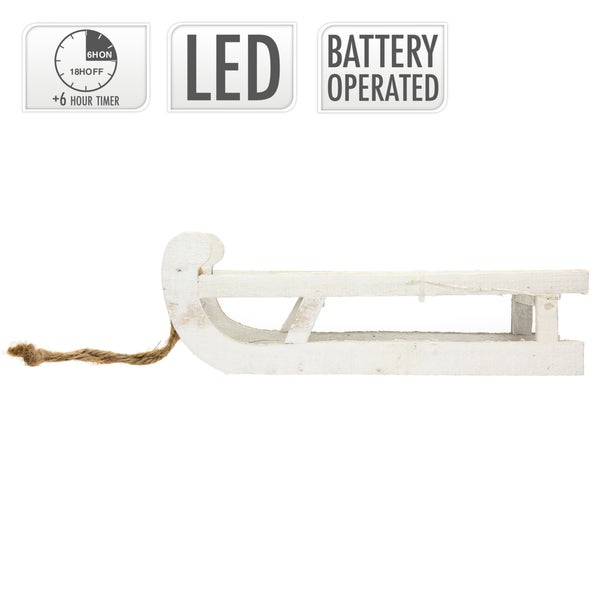 ECD Germany Deko Schlitten aus Holz mit 25 Warmweißen LEDs, 31,5x14,5x10,5 cm, Weiß, Batterriebetrieben, Timer 6 Std., inkl. Schnur, Weihnachtsdeko Weihnachten Dekoration Dekoschlitten Holzschlitten