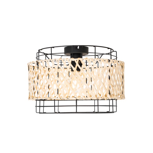 Deckenleuchte mit schwarzem Metallgestell und Lampenschirm aus Rattan