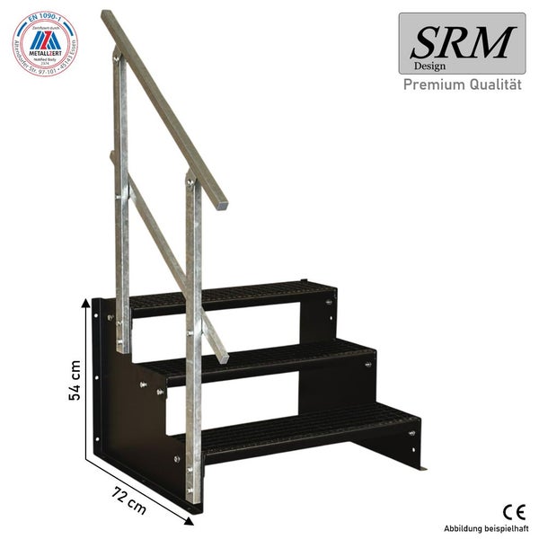 Industrietreppe mit 3 Stufen aus Gitterrost, einseitigem Geländer, Höhe 54 Zentimeter, Tiefe 72 Zentimeter, SRM Design Logo.