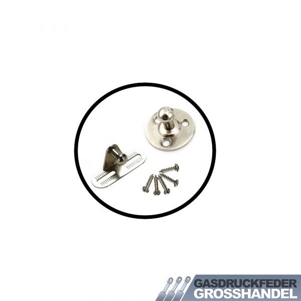 Montageset für Gasdruckfedern bestehend aus runder Montageplatte, Montagewinkel und fünf Schrauben. Gasdruckfeder Grosshandel Logo.