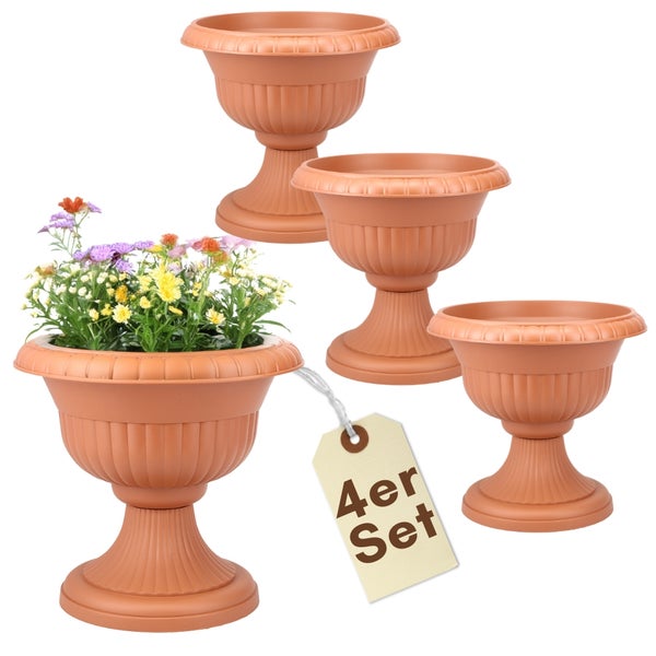 Verzierte Pflanzvase im antiken Design mit Illustration einer Stützsäule im korinthischen Stil.
