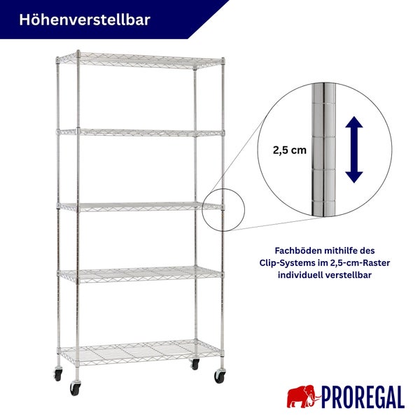 Höhenverstellbares Metallregal auf Rollen von PROREGAL mit fünf Gitterböden, im 2,5 Zentimeter Raster verstellbar. PROREGAL Logo.