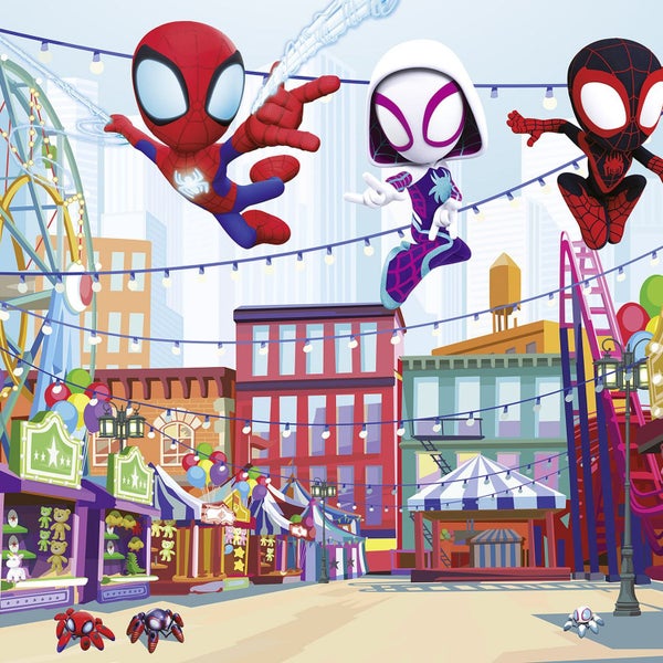 Bunte Comic-Darstellung einer Stadt mit Jahrmarkt und Spider-Man-Figuren