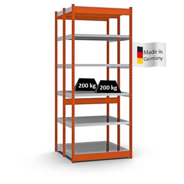 PROREGAL Fachbodenregal Stecksystem Vierkant-Profil Grundregal HxBxT 250 x 102,5 x 40 cm 2x6 Ebenen Doppelseitige Bauart Fachlast 200 kg Orange