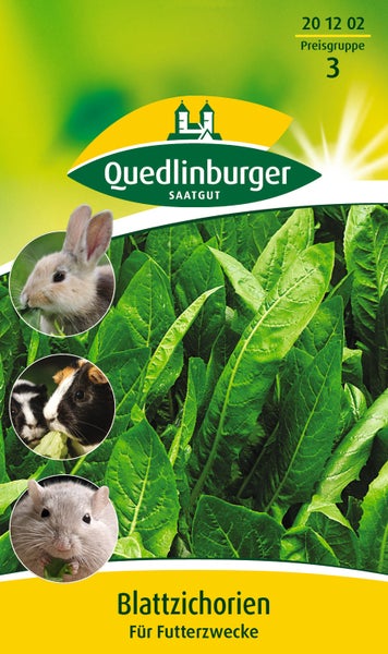 Samentüte für Quedlinburger Saatgut Blattzichorien für Futterzwecke mit Abbildungen von Blättern, Kaninchen, Meerschweinchen und Hamster.