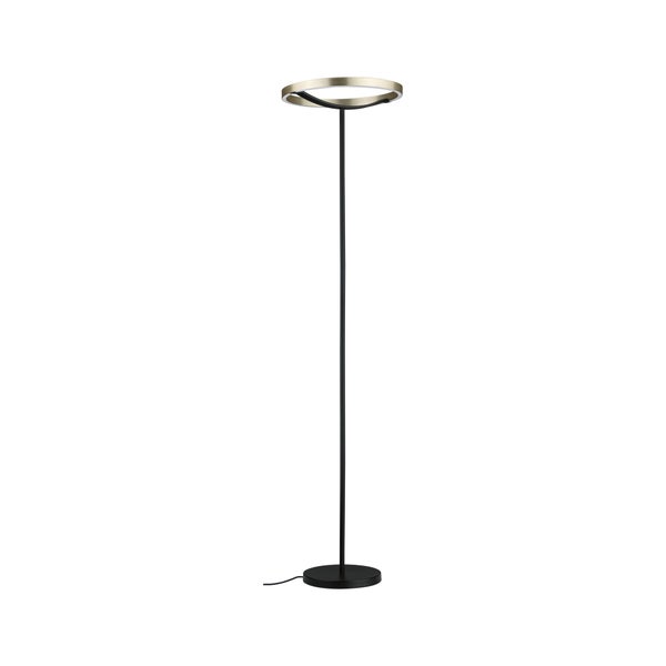 Moderne LED-Stehleuchte mit schwarzem Gestell, rundem Standfuß und ringförmigem Leuchtenkopf in Messingoptik.