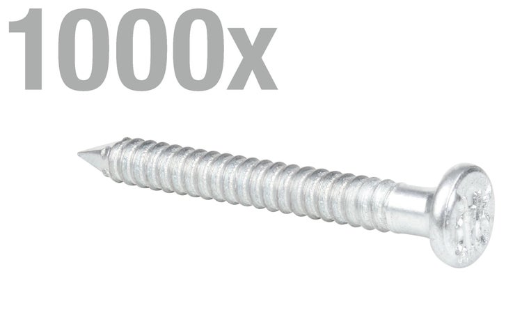 Eine metallische Schraube mit Gewinde und rundem Kopf in einer Packung mit 1000 Stück