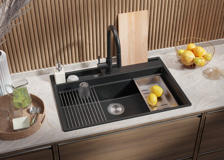 PRIMAGRAN Granitspüle Anthrazit 78x53cm, Spülbecken 1 Becken + Küchenarmatur 32x20cm + Ablauf-Set + Küchenzubehörset, Küchenspüle ab 80er Unterschrank - Oslo Pocket
