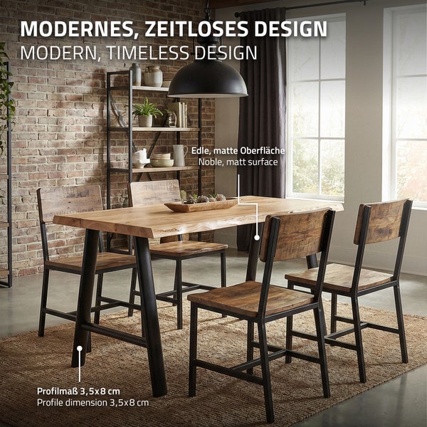 Esszimmergruppe im Industrial Design mit Holztisch und Stühlen, inklusive Informationen zu Profilmaßen und matter Oberfläche in einem Wohnraum.