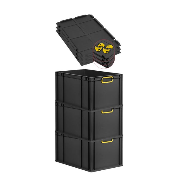 PROREGAL SuperSparSet 3x Eurobox NextGen Color mit Auflagedeckel und Schiebeschnappverschlüsse, HxBxT 32x40x60cm, 65 Liter, Schwarz, Griffe gelb geschlossen, Verstärkter Boden, Eurobehälter, Transportbox, Transportbehälter, Stapelbehälter